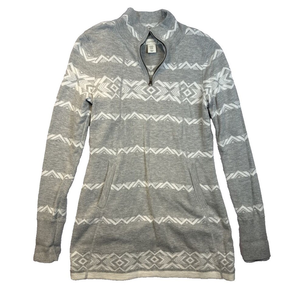 Aspen Grey White Geometric Sweater Tunic XS 1/4 Zip Thumbholes Pockets 021-9632A